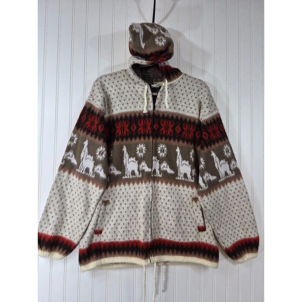 Otavalo Ecuador Llama Knit Full Zip Hoodie Brown Cream Red Alpaca Wool Blend L